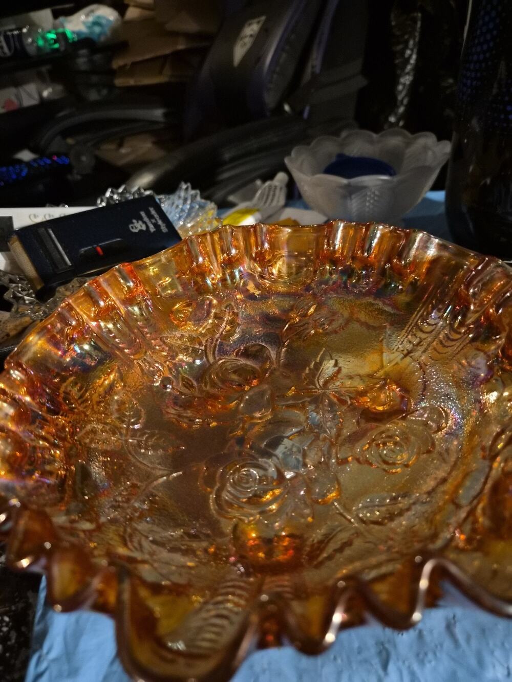Vintage Imperial Glass Marigold Carnival Open Rose Bowl, Ruffled Footed, Orange